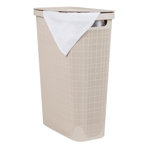 Mind Reader Slim Laundry Hamper with Lid, 40L Clothes Basket, Linen Design, Plastic, Ivory
