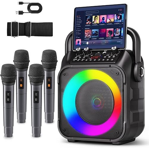 Karaoke Machine, Portable Bluetooth Speaker with 4 Wireless Microphones for Adults & Kids with Lights, Karaoke Microphone with PA System Supports USB/TF/FM/AUX for Home Party Home System Packages