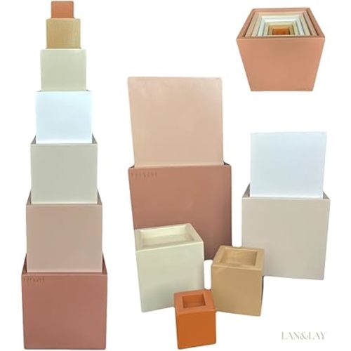 Wood Stacking Blocks for Toddlers 1-3 | LAN&Lay Durable Building Blocks | Wooden Educational Toys, Neutral