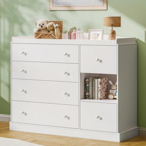 Kids Dresser Cabinet with 6 Drawers, Changing Table for Nursery with Shelf, Multi-Functional Chest of Drawers, Kids Bedroom Furniture, White