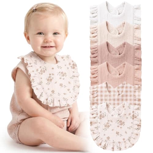 Konssy 6-Pack Muslin Baby Girl Bibs, Absorbent Drool Bibs with Ruffle Trim | 100% Soft Cotton, 6-Layer Absorbency, Adjustable Bibs for Drooling & Teething, Newborn to Toddler 0-36M