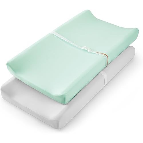 TILLYOU Changing Pad Cover Set in Soft Jersey Material - Fits 32"/34''x16 Contoured Pad for Babies, Lt Green & Lt Gray