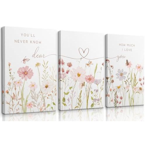 3Pcs Pink Watercolor Wildflower Wall Art Wildflower Girls Nursery Posters Botanical Nursery Canvas Prints Colorful Floral Pictures Flower Sentence Painting Vogue Baby Room Wall Decor(12x16in Canvas)