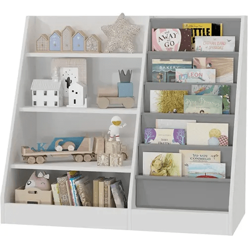 White 4 Tier Kids Wooden Bookshelf, Five Layer Sling Bookcase, Kids Storage Book Rack, Book and Toy Organizer Cabinet, Book Display, for Playroom, Bedroom, Study Living Room, Nursery,Classroom