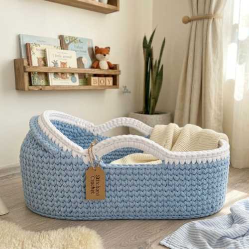 Beginner Crochet Moses Basket Pattern PDF, Easy Baby Bassinet with Hood, T Shirt Yarn Cradle, Nursery Basket Tutorial