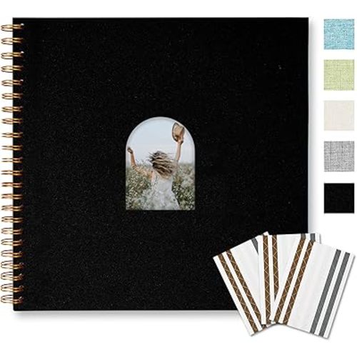 Vienrose 12X12 Inch DIY Scrapbook Album Linen Arch Window Photo Album 80 Blank Pages Scrap Book Photo Albums for Wedding Baby Shower, Black
