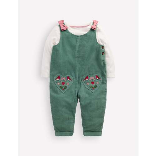 Woven Overalls Set - Larch Green Festive Embroidery | Boden USA