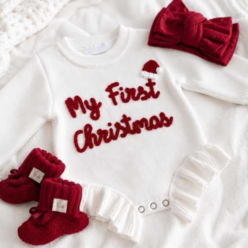 My First Christmas Romper, Embroidered Baby Knit Bodysuit, Newborn Holiday Outfit, Infant Christmas Photo Prop, Baby Gift