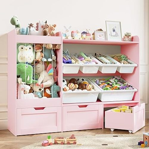 VontinT 50.6" W Wooden Toy Organizer with Stuffed Storage & Bins & Drawers