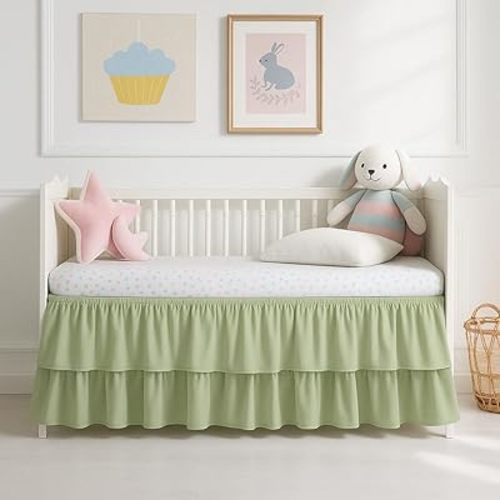 Mattress-Homes Crib Skirt Multi Ruffle, Dust Ruffle Adjustable Fit Standard Crib Nursery Crib Toddler Breathable Skirt for Baby Boys or Girls,(Sage Solid - 28" x 52"/16" Drop)