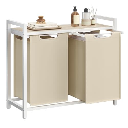 VASAGLE Laundry Hamper, Laundry Basket Sorter with 2 Pull-Out and Removable Bags, Shelf, Metal Frame, 2 x 12.1 Gallons (46 L), 28.8 x 13 x 28.4 Inches, Cappuccino Beige and Natural Beige UBLH201LH01