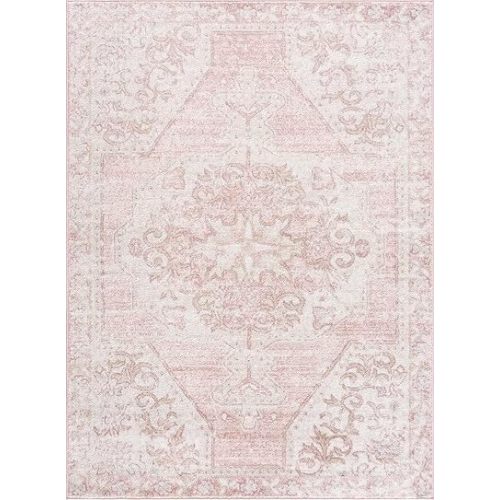 BoutiqueRugs Blush & Light Pink Collection Snead Bohemian Oriental Medallion Area Rug - Traditional Floral Carpet for Living Room, Bedroom - Blush, Pale Pink, Cream - 5'3" x 7' (5x7 Area Rug)