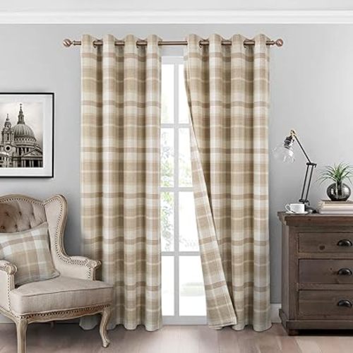 always4u Beige Plaid Curtains Grommet Woolen Look Modern Living Room Bedroom Home Decoration Check Drapes Beige 2 Panels 54 * 84 Inch