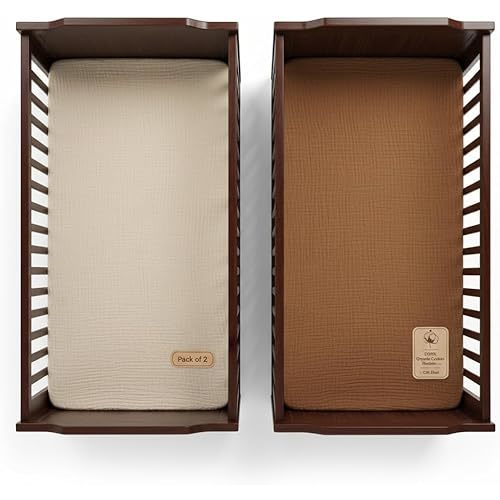Crib Sheets Neutral Muslin Fabric 52x28x9 Inches 2 Pack Brown & Beige Baby Crib Sheets Fits Rectangular & Oval Crib Mattress, Won’t Slip Off, Baby Crib Bedding for Boys & Girls