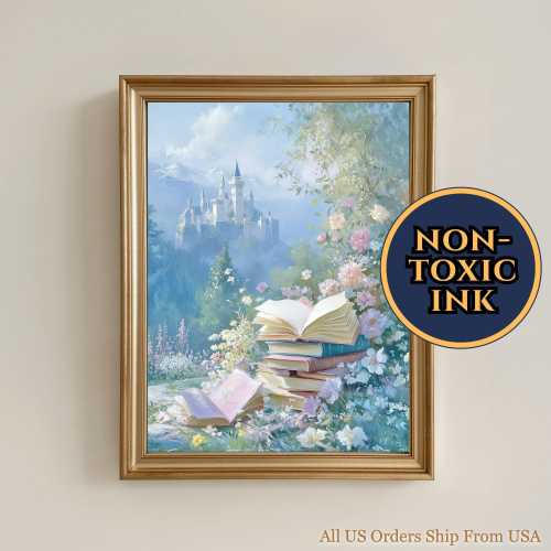 Bookish Fairytale Book Stack Wall Art Kids Reading Nook Decor Magical Open Book Girl Art Print Pastel Stack of Books Floral Castle Mountain