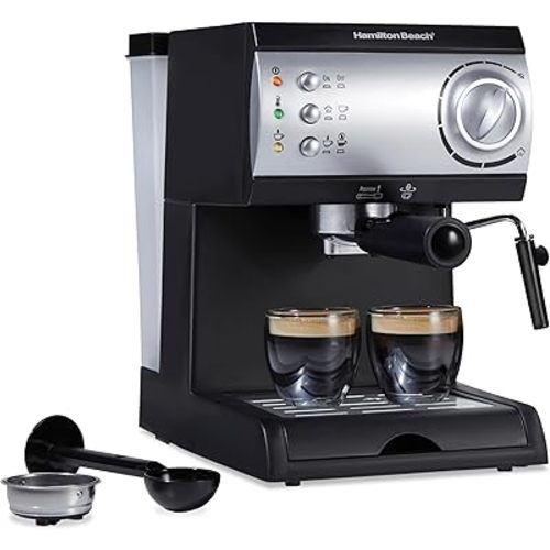 Hamilton Beach 15 Bar Espresso Machine, Cappuccino, Mocha, & Latte Maker, with Milk Frother, Make 2 Cups Simultaneously, Works with Pods or Ground Coffee, 50 oz. Water Reservoir, Black