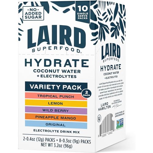 Laird Superfood Hydrate Coconut Water – Electrolyte Drink Mix – Variety Pack, 10 Single Serve Sticks – 0g Added Sugar – No Artificial Ingredients – On-the-go Hydration