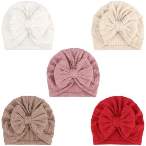 DRESHOW BQUBO 5 Pieces Newborn Baby Turban Hats Bow Baby Infant Beanie Breathable Toddler Cap for Baby Girls