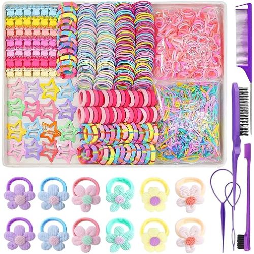889 pcs Cute Girls Hair Ties Set Colorful Elastic Hair Bands Toddler Hair Accessories for Girls with 12 pcs Flower Hair Ties