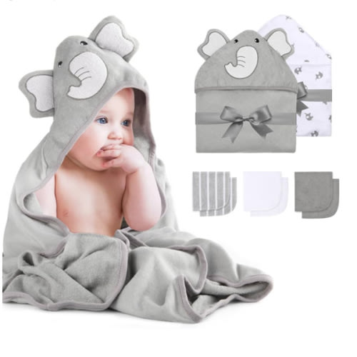 Momcozy Cute Elephant Hooded Baby Towel- 8 Piece Bath Essential, 2 x Towels and 6 x Wash Cloth Set- Perfect Shower Gift for Boys or Girls - Soft and Comfort for Newborn, Infant and Toddler