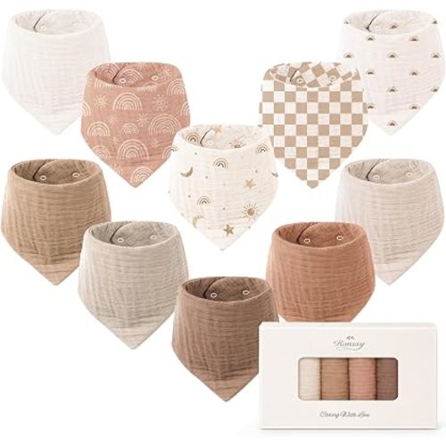 Konssy 10 Pack Baby Muslin Bandana Bibs for Drooling and Teething