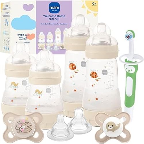 MAM Welcome Home Baby Gift Set – Easy Start Anti-Colic Bottles (2X 5oz, 2X 9oz) & 2 Pacifiers 0-6 Months, Extra Nipples, Training Toothbrush, Self-Sterilizing Complete Baby Feeding Set
