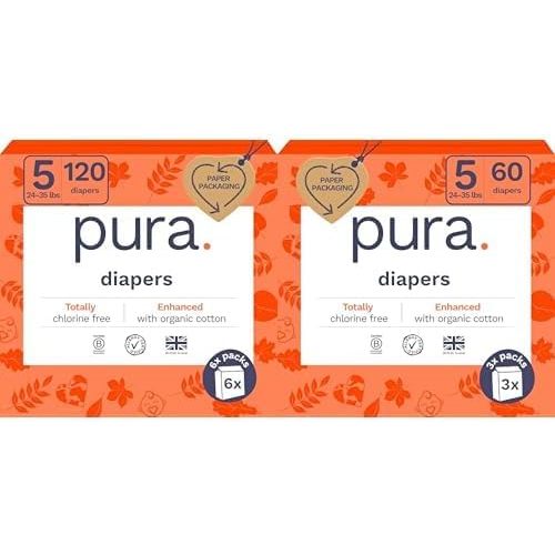 Pura Sensitive Skin Baby Diapers | Size 5 (24-35 lbs) | Bulk, Hypoallergenic, Totally Chlorine Free, Fragrance Free, | 9 Packs of 20 (180 Diapers)