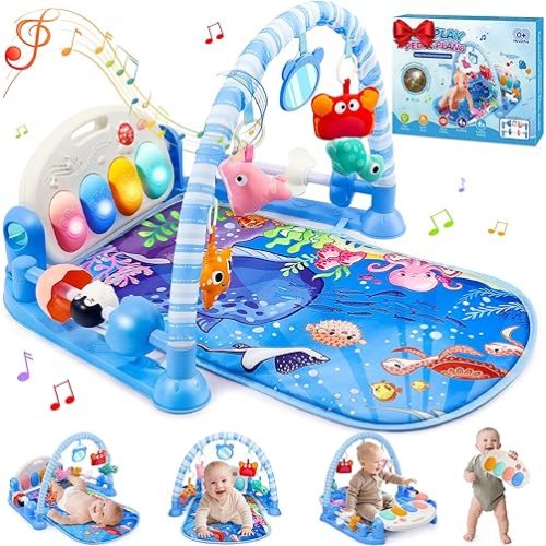 Baby Gyms Play Mats, Baby Toys Tummy Time Mat, Baby Activity Mat Play Piano Gym with 5 Sensory Toys for Babies, Music and Lights Boy & Girl Gifts for Infant Newborn Baby 0-3 4-6 6-9 6-12 Months