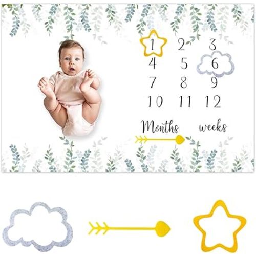 CSFOTO Baby Milestone Blanket 60''x40'' Eucalyptus Leaves Newborn Photography Props Blanket for Boy & Girl Personalized Shower Props Baby Age Blanket to Record Baby Milestones with Frame