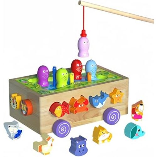 Wooden Montessori Toys for 1-3 Year Old，Animal Cognitive Games, Fishing Games Preschool Learning Educational Toys, Baby's Birthday Gifts,Magnetic Fishing Game for Toddlers 1-3