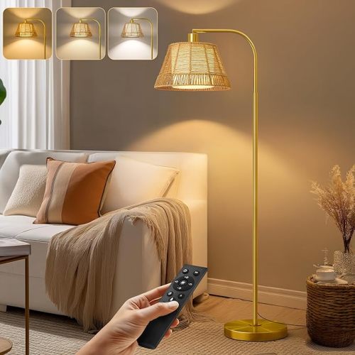 Oneach Arc Floor Lamp for Living Room,Rattan Boho Floor Lamp with Hand-Woven Shade, Foot Switch,Gold Metal Base & Pole,Farmhouse Standing Lamp for Bedroom Corner,Reading