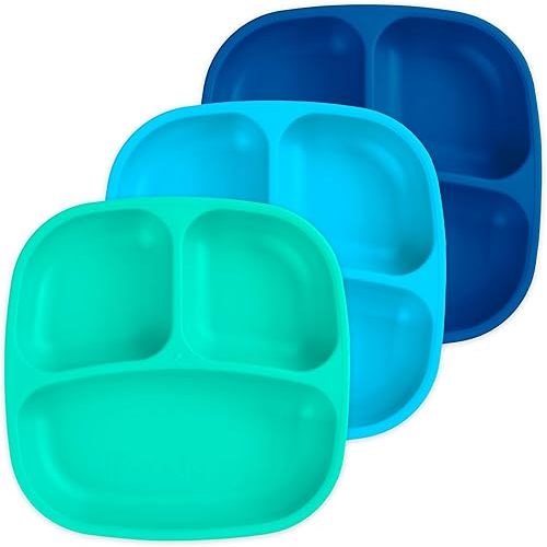 Re-Play Toddler Plates with Dividers - Deep-Walled 3 Compartments Divided Plates for Kids - Dishwasher & Microwave Safe - Made in USA - Set of 3-7.37" x 7.37" x 1.25" - A True Blue