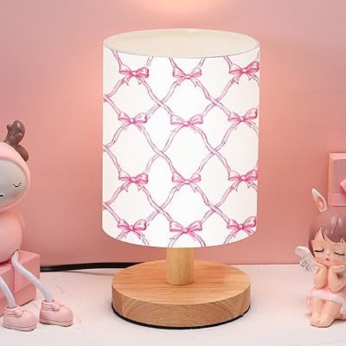 VIHOSE Coquette Bow Table Lamp for Kids Pink Bow Bedside Lamp for Bedroom Wooden Nightstand Cartoon Nursery Decoration Lampshade for Girls Boys Living Room