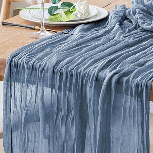 Table Runner Cheesecloth 10FT Dusty Blue Boho Gauze Cheese Cloth Rustic Sheer Table Runners for Wedding Bridal Baby Shower Party Decoration