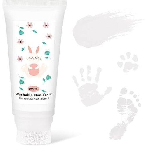 Baby Hand and Footprint Ink with Sponge Head, Baby Safe Paint, 1.69 fl oz Non-Toxic and Washable, Dog Safe Paint for Paws Suitable for Babies and Pets, Newborn Memento, White