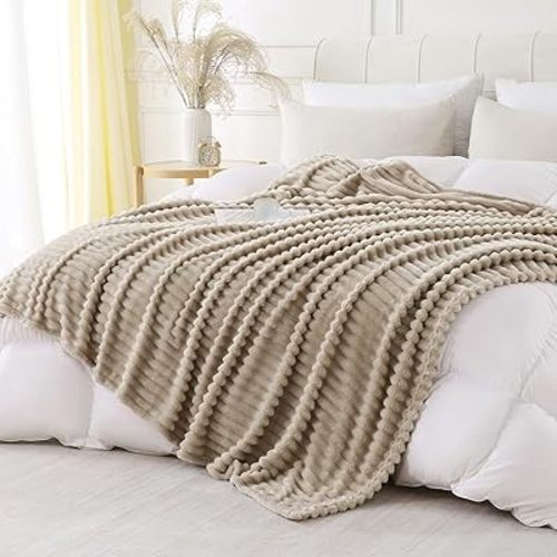 Khaki Throw Blanket for Couch Sofa 90x90 inches Striped Fleece Blankets Room Home Decor Lightweight Plush Soft Cozy Gifts for Women Mom Girls