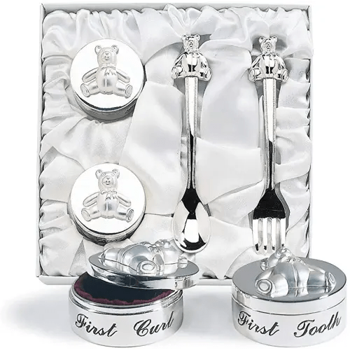 Baby’s First Curl and First Tooth Keepsake Box Collection | Adorable Teddy Bear Designs | Charming Gift | Satin-Lined White Gift Box | 6” Square