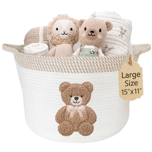 Teddy Bear Storage Basket for Nursery – Large 15"x11" Cotton Rope Bin with Soft Embroidered Bear Patch – Gender Neutral Toy Organizer, Baby Laundry Hamper, Blanket & Diaper Holder