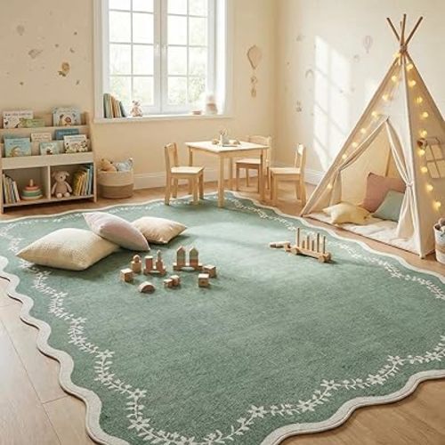 GarveeHome 4x6 Green Scalloped Washable Area Rug for Nursery Room, Solid Floral Soft Bedroom Rug Non Slip Low Pile Small Carpet Stain Resistant Throw Rug for Dorm Kids Room Office Dining Room