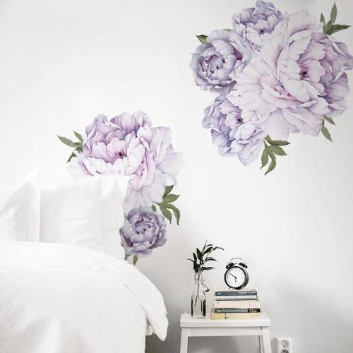 Lilac and White Peony Wall Decals with Green Leaves, Removable Floral Stickers for Nursery and Baby Room Decor, lila peony sticker, acu05