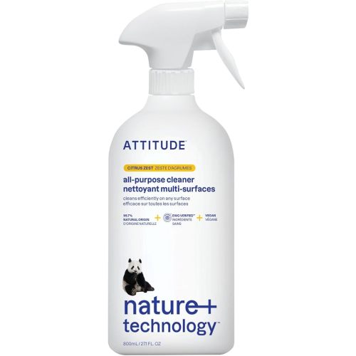 ATTITUDE All Purpose Cleaner Spray, EWG Verified, Vegan, Made with 94% Plant-Based Ingredients, Streak-Free for Kitchen, Bathroom, Glass & More, Citrus Zest Scent, 27.1 Fl Oz