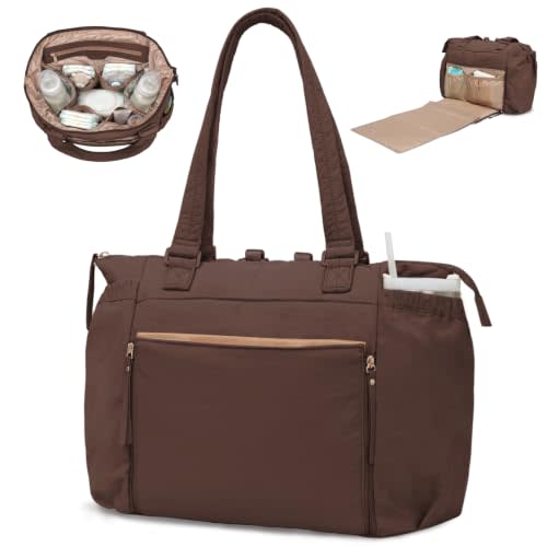 MOMINSIDE Diaper Bag Tote with Changing Station Convertible Diaper Bag Backpack Tote pañaleras para bebe Large Baby Bag, Hospital Bag Mommy Bag Travel Diaper Bag for Mom, 16 Pockets, Dark Brown