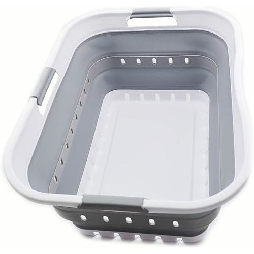 SAMMART 42L (11 gallon) Collapsible Plastic Laundry Basket - Foldable Pop Up Storage Container/Organizer - Space Saving Hamper/Basket (1, White/Grey)