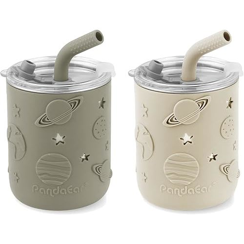 PandaEar 2 Pack Stainless Steel Toddler Cups with Lids & Silicone Sleeves | 8.8 oz Spill Proof Sippy Cups with Straw Stopper & Teething-Friendly Straws for Kids & Babies (Beige & Khaki)