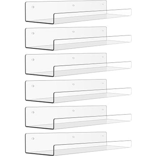 upsimples 6 Pack Acrylic Shelves for Wall Storage, 15" x 4“ Floating Bookshelves for Kids, Display Shelf Organizer for Bathroom, Bedroom, Living Room, Kitchen, Room Decor, Clear