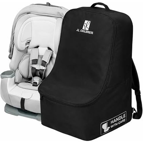 J.L. Childress Padded Backpack Car Seat Bag - Car Seat Travel Bag for Airplane, Fits Most Baby & Infant Carriers & Bootsters, Accessories for Gate or Baggage Check, AirTag Compatible - Deluxe, Black