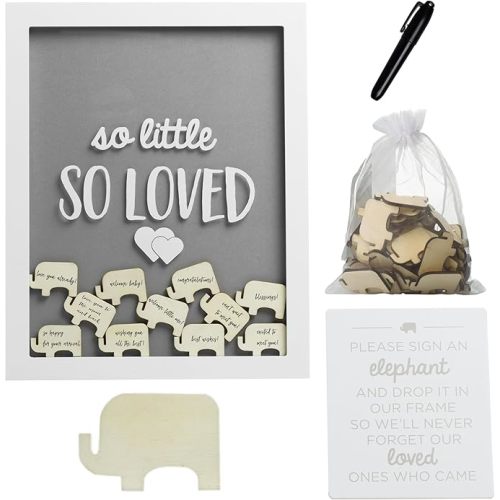 Pearhead So Little So Loved Wooden Elephant Token Frame, Baby Shower Signature Guest Book Alternative with 65 Wooden Tokens, Gender-Neutral Nursery Keepsake Decor, Gray and White