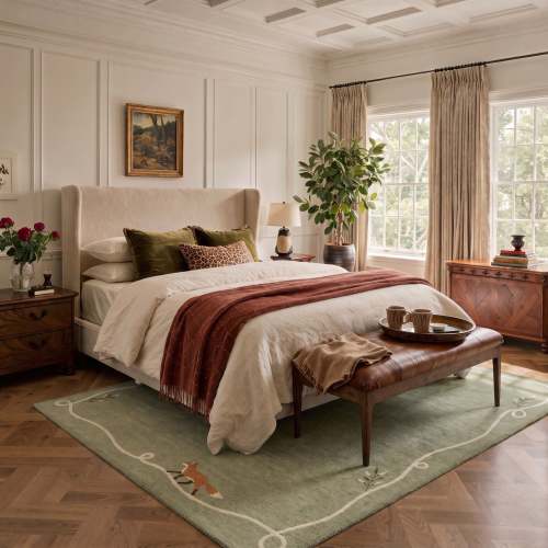 Foxen Washable Modern Foxy Animal Green Rug