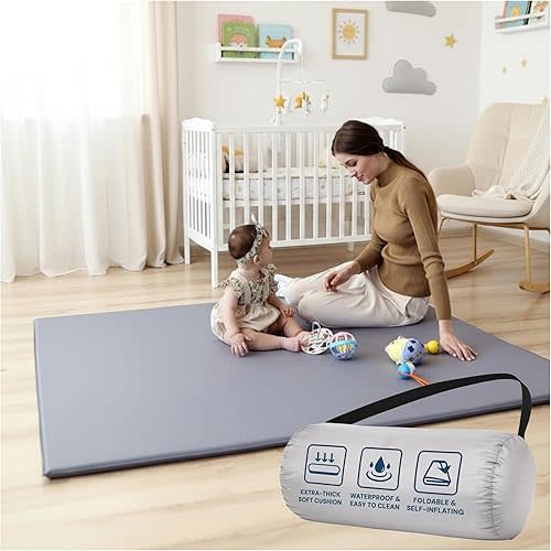Todale Baby Play Mat, 50 x 50 Inches – Self-Inflating Foldable Foam Play Mat for Babies – Waterproof, Portable Floor Cushion for Playpen, Tummy Time & Travel, Camping