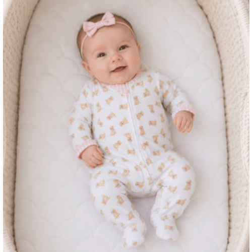 Sweet Golden Print Ruffle Zip Footie - Pink